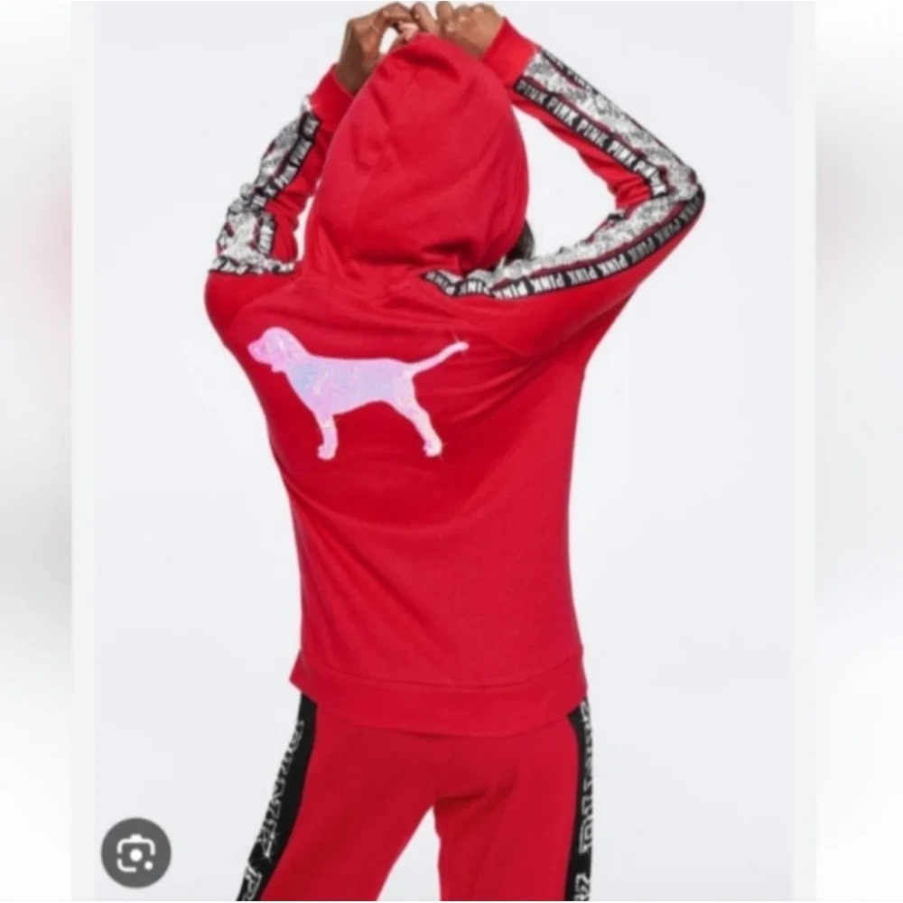 EUC Victoria's Secret Pink Women Hoodie Red Sequins Dog Full Zip Track Jacket XL